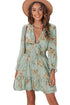 Lantern Sleeve Deep V Neck Knotted Tiered Mini Dress